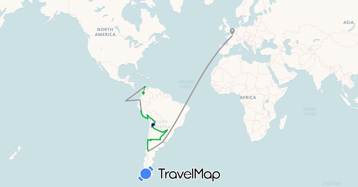 TravelMap itinerary: driving, bus, plane, hiking in Argentina, Bolivia, Chile, Colombia, Ecuador, France, Peru (Europe, South America)